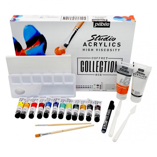 23 PCS STUDIO ACRYLICS COLLECTION BOX 12 ASSORTED 20 ML TUBES WITH ACCESSORIES